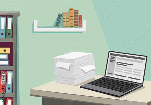 
Empty office with laptop and stack of papers. Looking for a new employee. Vector cartoon simple illustration.