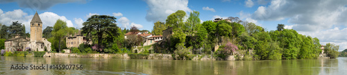 Panorama of the green island Ile Barbe in the Saone during high waterlevels. Lyon, France.