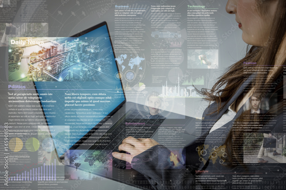 online curation media concept. electronic newspaper. young woman holding laptop PC and various news images. abstract mixed media. - obrazy, fototapety, plakaty 