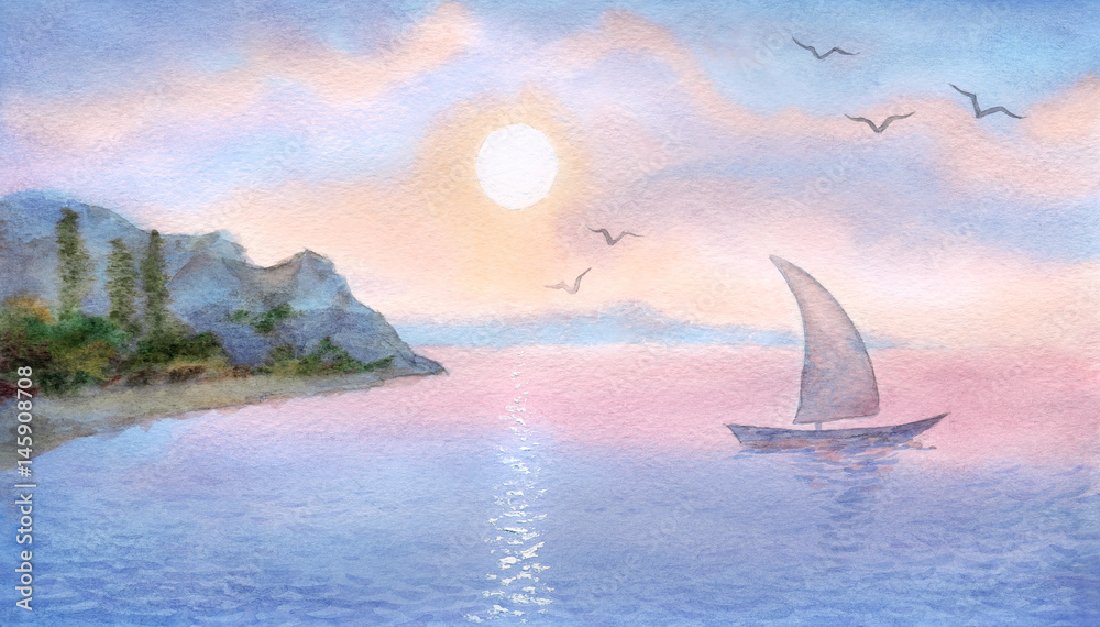 Naklejka premium Sailboat on the sea meets the sun