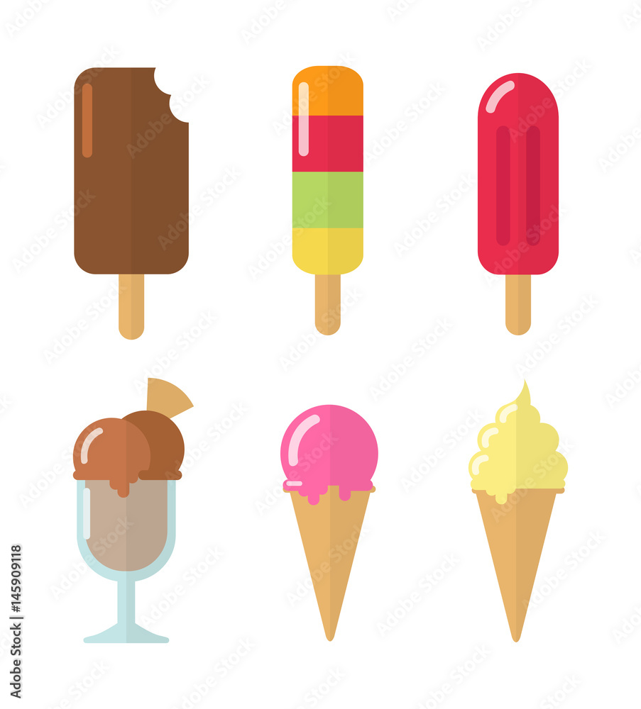 Set of colorful flat design ice cream and popsicle icons isolated on white background Set of colorful flat design ice cream and popsicle icons isolated on white background