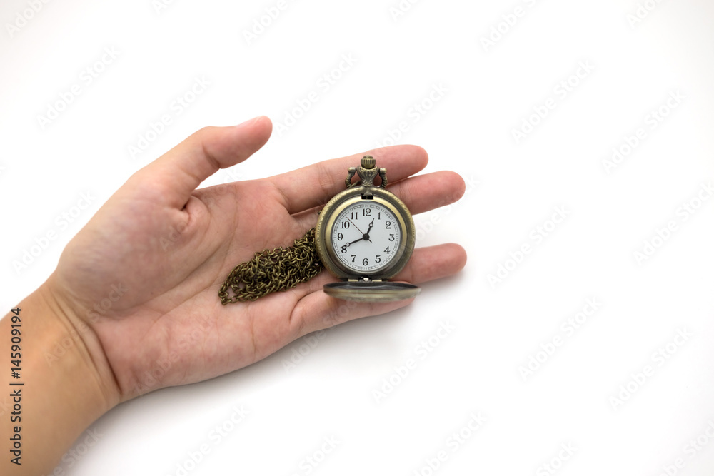 women of hand holding old silver pocket watch on white background, this image for people and retro concept women of hand holding old silver pocket watch on white background, this image for people and retro concept