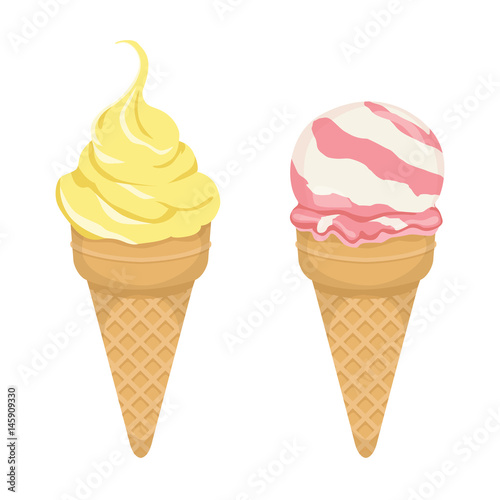 Set of two types of ice cream - vanilla and strawberry - vector illustration