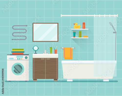 Bathroom interior with long shadows. Vector flat illustration.
