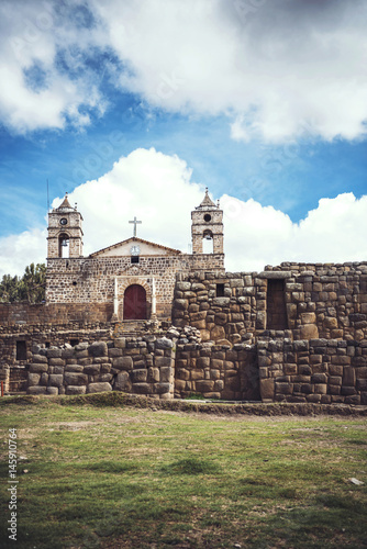 Antique church placed on ancient Inca temple ruins in the village Vilcashuaman, Ayacucho, Peru. photo