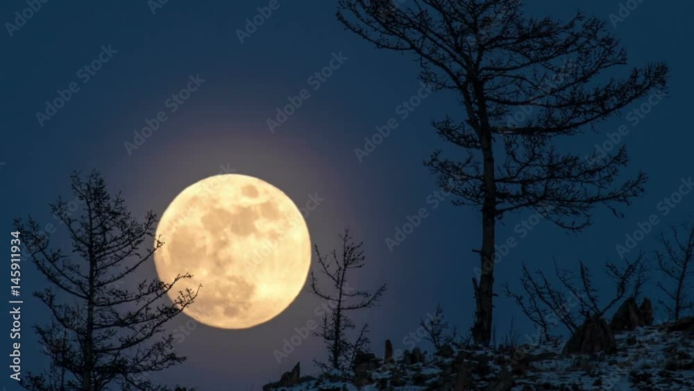 Night Time lapse Large full bright moon rises from above hill into sky.