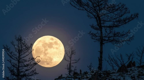 Night Time lapse Large full bright moon rises from above hill into sky.
