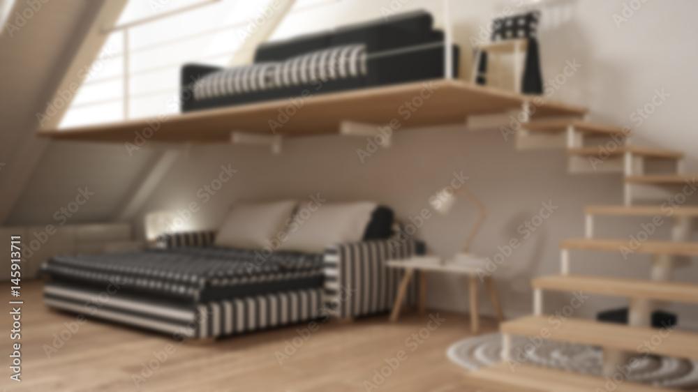 Blur background interior design, loft mezzanine one room minimalist living and bedroom, white and gray