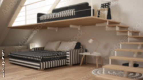 Blur background interior design, loft mezzanine one room minimalist living and bedroom, white and gray © ArchiVIZ