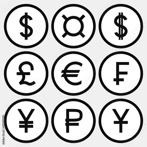 Set of monochrome icons with different currency symbols