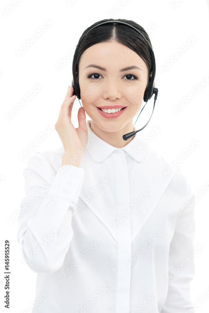 portrait of smiling call center operator in headset isolated on white portrait of smiling call center operator in headset isolated on white