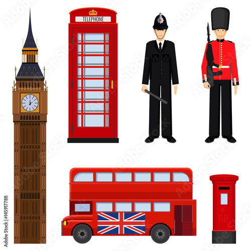 Traditional London sightseeing set vector illustration isolated on white.