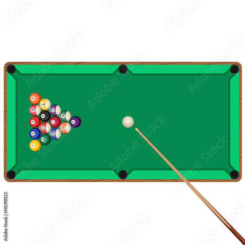 Green billiard table with cue and balls in starting position
