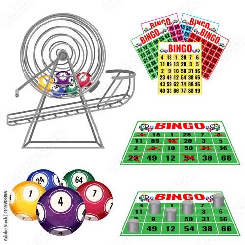 Lottery machine with balls inside, bingo cards and balls, tickets