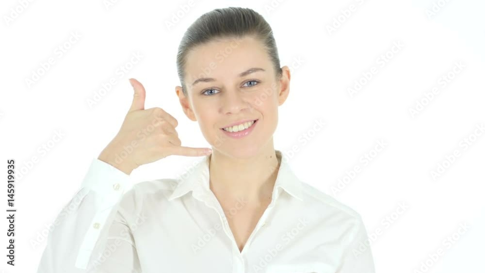 Call Us Gesture by Woman on White Background Call Us Gesture by Woman on White Background