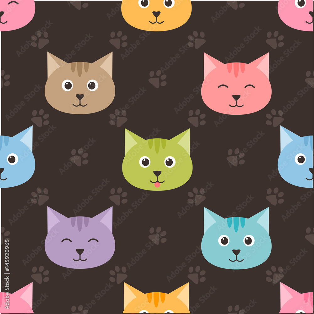 seamless pattern with cartoon cats and footprints
