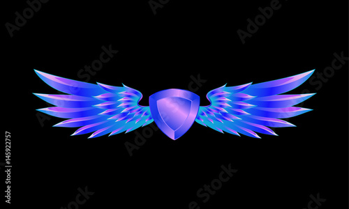 Heraldic blue shield with wings emblem on a black background. Gold Coat of Arms. 