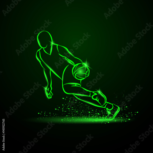 Basketball player dribbling with a ball at high speed. Vector green neon illustration.