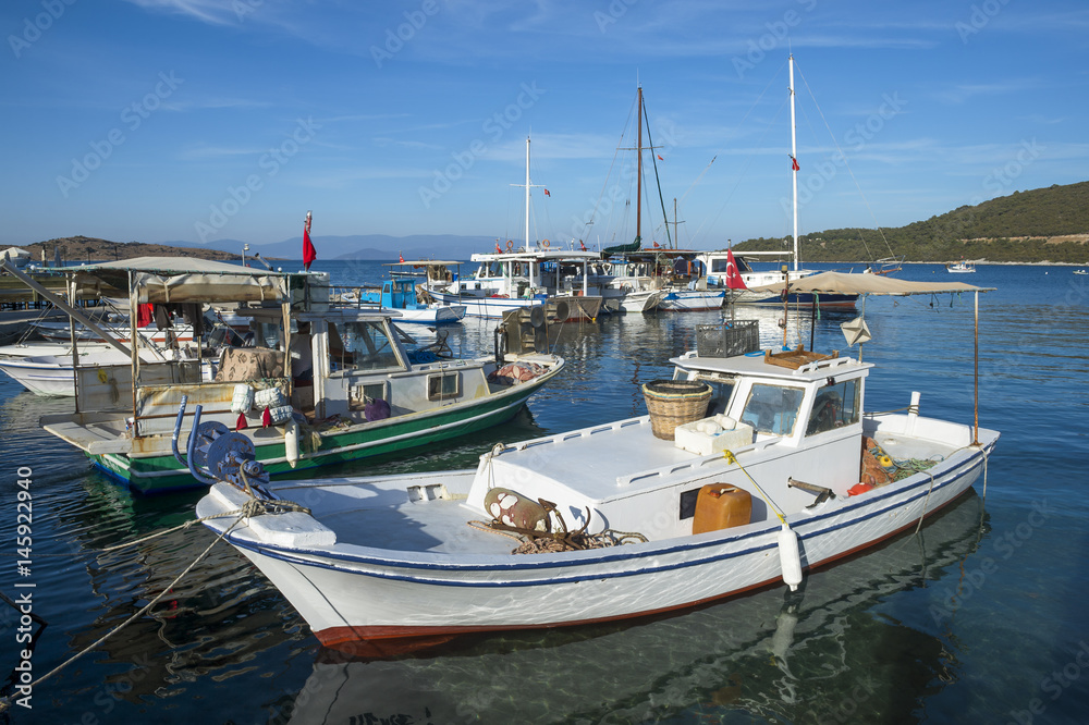 Scenic Turkish marina with traditional fishing boats