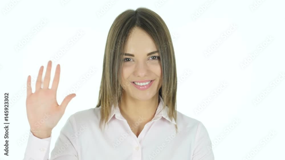 Hello by Beautiful Woman, White Background Hello by Beautiful Woman, White Background