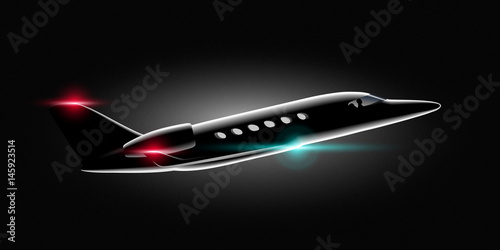 Realistic private jet business class aircraft in the dark Flies