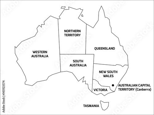 Simplified map of Australia divided into states and territories. Black outline map with labels.