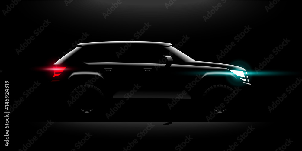 Realistic Off-road car lit in the dark Realistic Off-road car lit in the dark