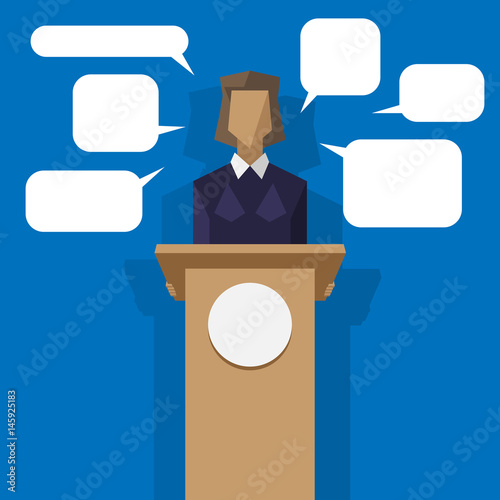Woman politician behind the podium with speech bubbles