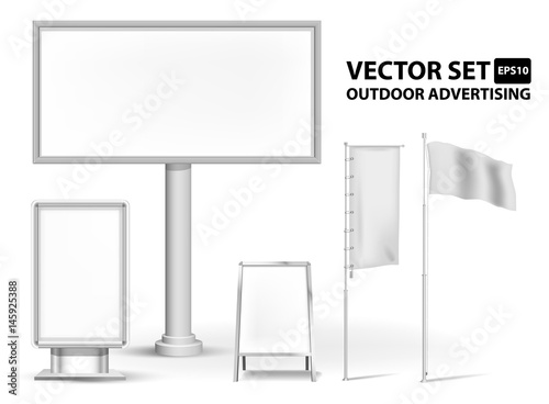 Set of  advertising stands. Billboard, advertisement blank flags, stander, city light 
