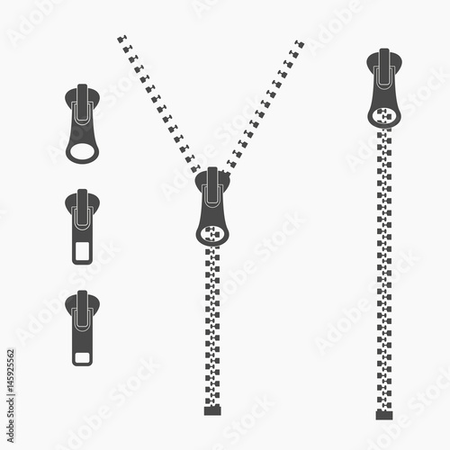 Vector icon closed and open zipper,	
fastener. Set of zipper. Metal zip - Vector illustration.
