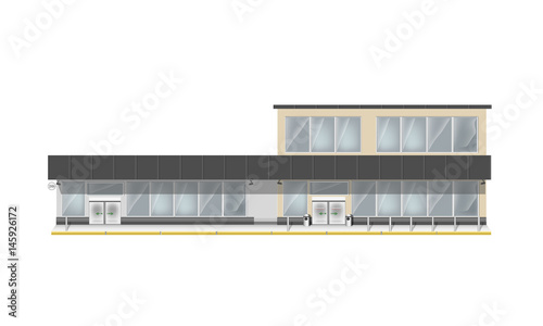 Building for supermarket or business center. Big showcase and entrance automatic door. Store with vector panorama windows. 
