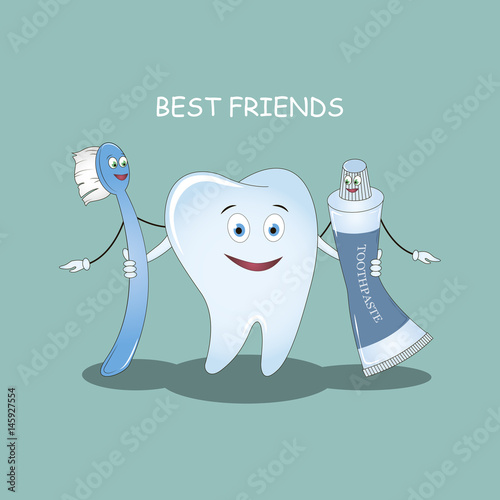 Best Friends teeth. Vector illustration. Illustration for children dentistry and orthodontics. Image toothbrush, tooth paste and tooth.