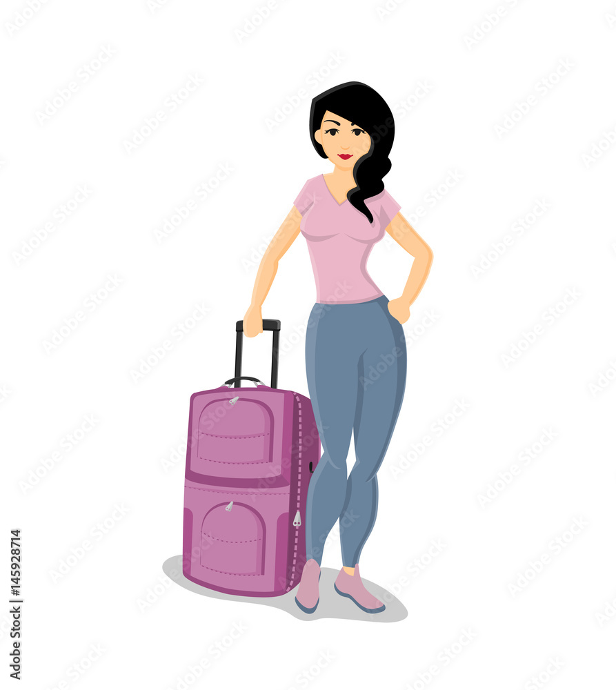 A young brunette woman with a suitcase. Vector illustration isolated on white background A young brunette woman with a suitcase. Vector illustration isolated on white background