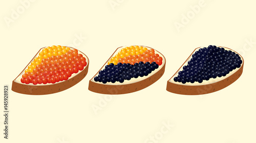 Vector illustration set of sandwiches with black and red caviar.