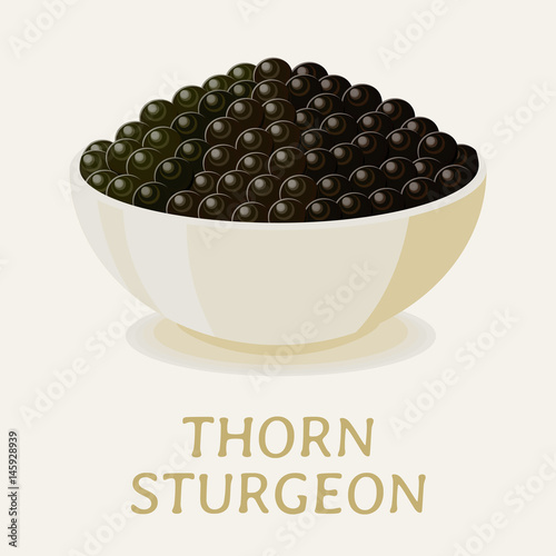 Appetizing black thorn sturgeon caviar in a white bowl.