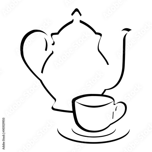 Teacup and brewing teapot on a white background.