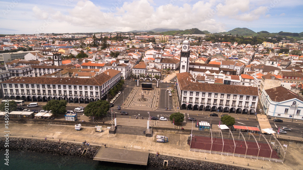 Aerial view of city center and Praca da Republica in Ponta Delgada, Azores, Portugal.