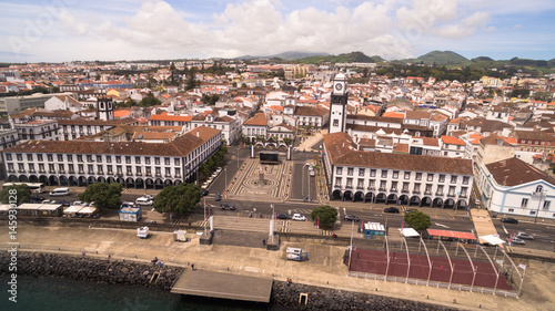 Aerial view of city center and Praca da Republica in Ponta Delgada, Azores, Portugal.