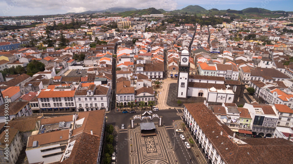 Aerial view of Praca da Republica in Ponta Delgada, Azores, Portugal.