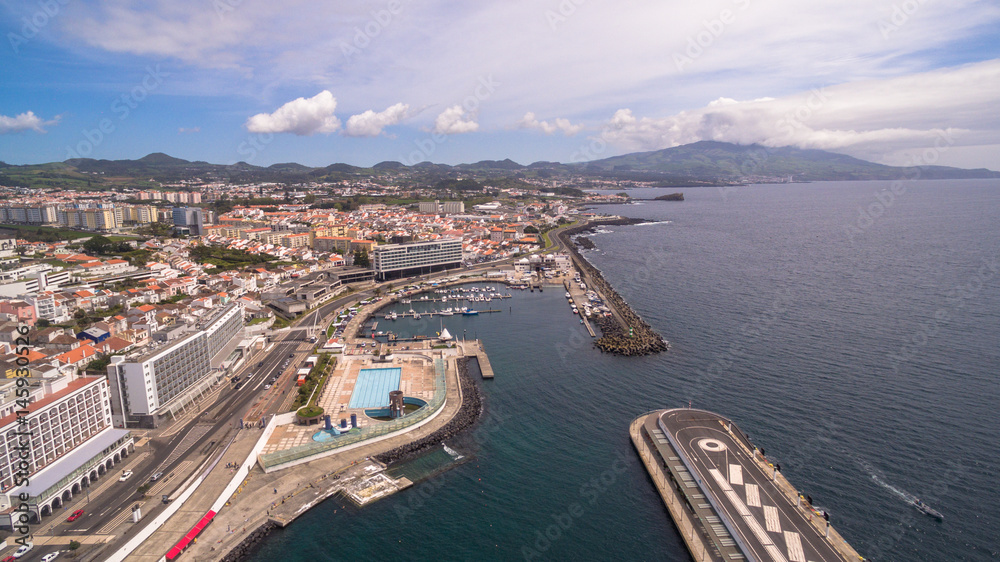 City with harbor at Ponta Delgada, capital city of the Azores at Sao Miguel Island