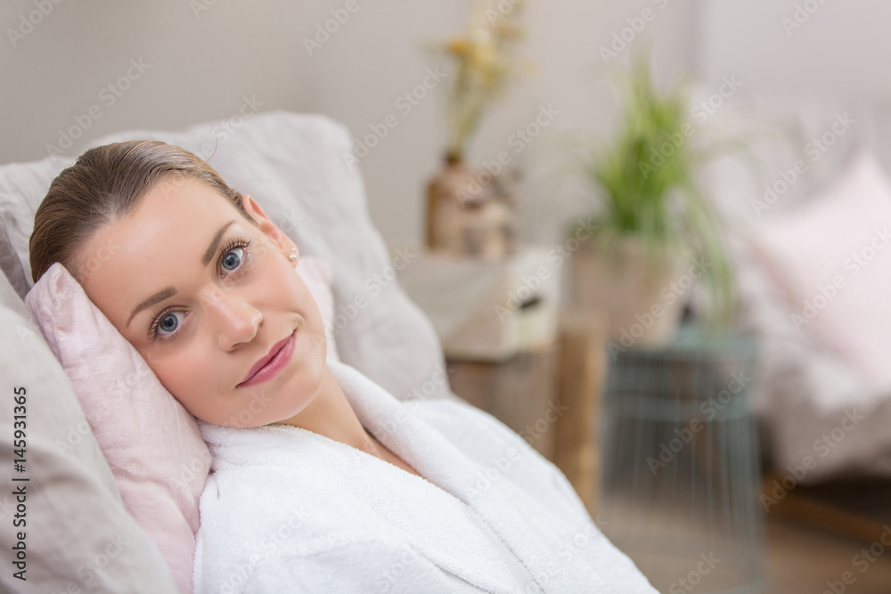 beautiful woman in bathrobe waiting for massage beautiful woman in bathrobe waiting for massage