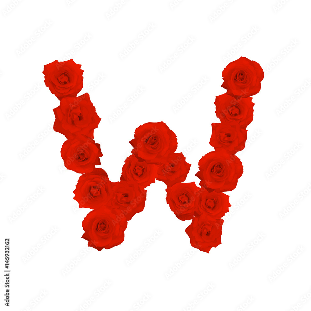 The letter W, in the Alphabet bloom red roses illustration set isolated on white background, vector eps10