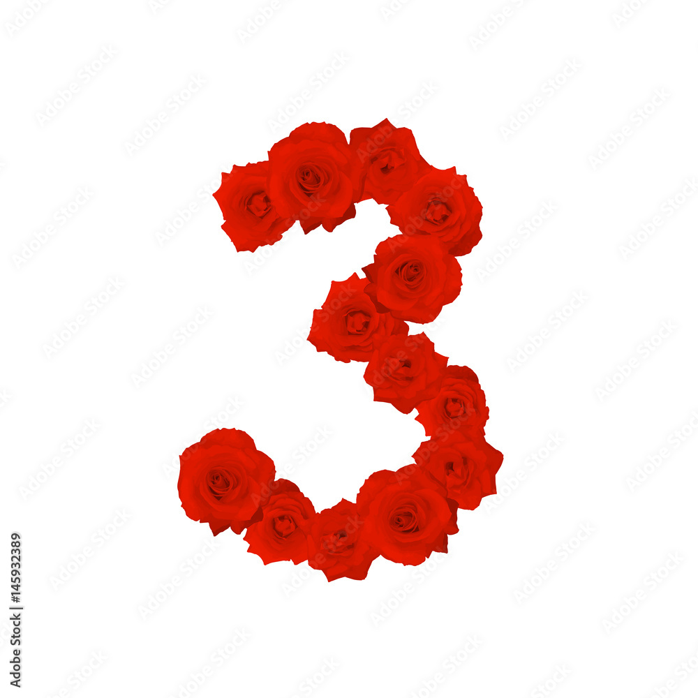 The letter number three or 3, in the Alphabet bloom red roses illustration set isolated on white background, vector eps10 The letter number three or 3, in the Alphabet bloom red roses illustration set isolated on white background, vector eps10
