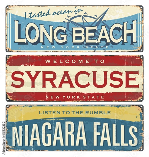 Vintage city label. Vintage tin sign collection with US cities. Long Beach. Syracuse. Niagara Falls. Retro souvenirs or postcard templates on rust background.