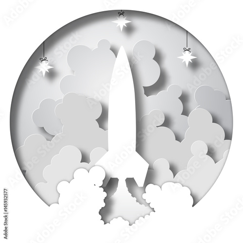 Space Rocket launch startup. Paper cut style. Vector illustration