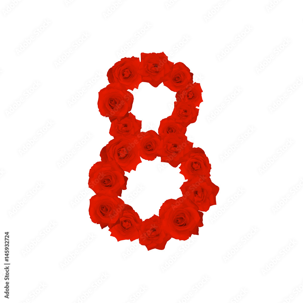 The letter number eight or 8, in the Alphabet bloom red roses illustration set isolated on white background, vector eps10 The letter number eight or 8, in the Alphabet bloom red roses illustration set isolated on white background, vector eps10