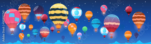 Colorful Air Balloons Flying In Night Sky Banner Flat Vector Illustration