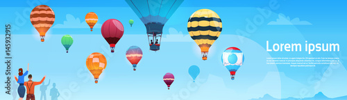 People Looking At Colorful Air Balloons Flying In Sky Banner Flat Vector Illustration