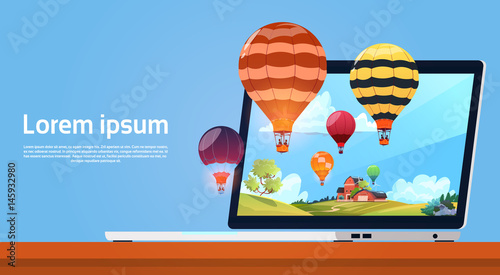 Modern Laptop Computer With Colorful Air Balloons Flying In Sky Image Flat Vector Illustration