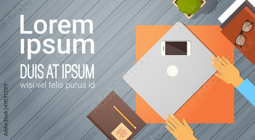 Businessman Workplace Desk Hands Working Laptop Computer Top Angle View Office Flat Vector Illustration